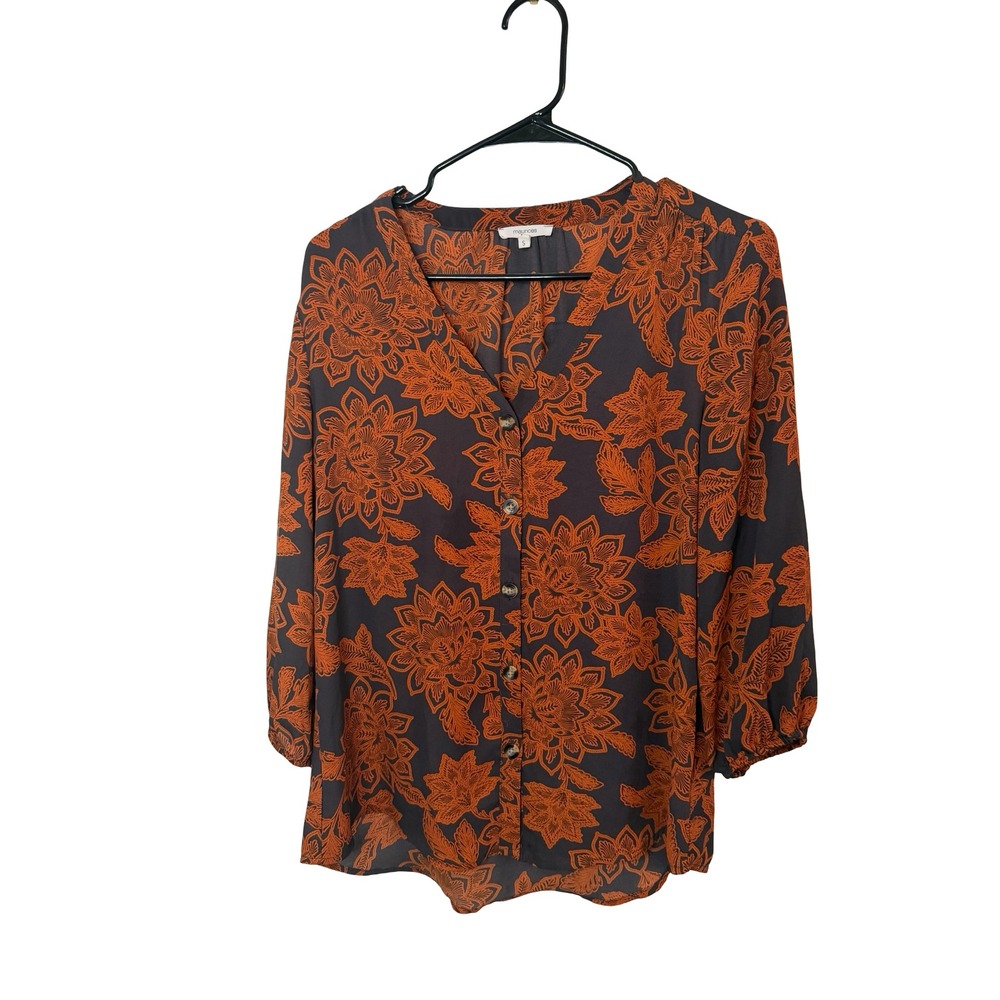 Maurices Womens Small Burnt Orange Floral Button Front 3/4 Sleeve Blouse Grey